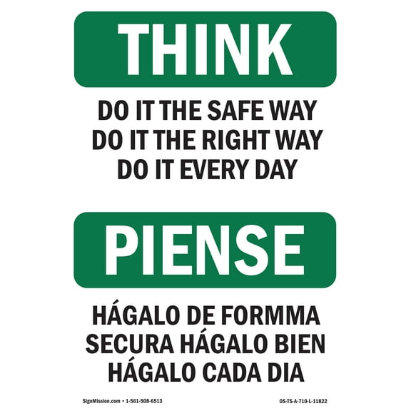 OSHA THINK Sign - Do It The Safe Way Bilingual | Aluminum Sign | Protect Your Business, Construction Site, Warehouse & Shop Area | Made in the USA