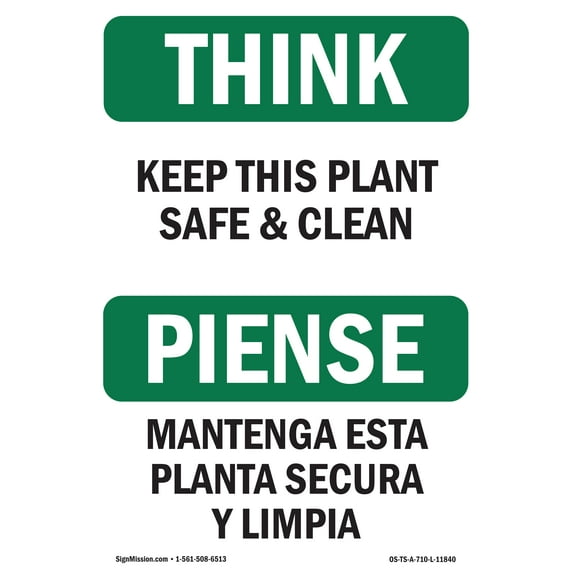 OSHA THINK Sign - Keep This Plant Safe And Clean Bilingual | Aluminum Sign | Protect Your Business, Work Site, Warehouse & Shop Area | Made in the USA