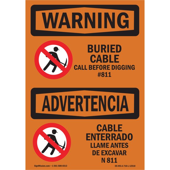 OSHA WARNING Sign - Buried Cable Call Before Digging Bilingual | Aluminum Sign | Protect Your Business, Work Site, Warehouse & Shop Area | Made in the USA