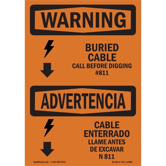 OSHA WARNING Sign - Buried Cable Call Before Digging Bilingual 10" X 7" Aluminum Sign Protect Your Business, Work Site, Warehouse & Shop Area