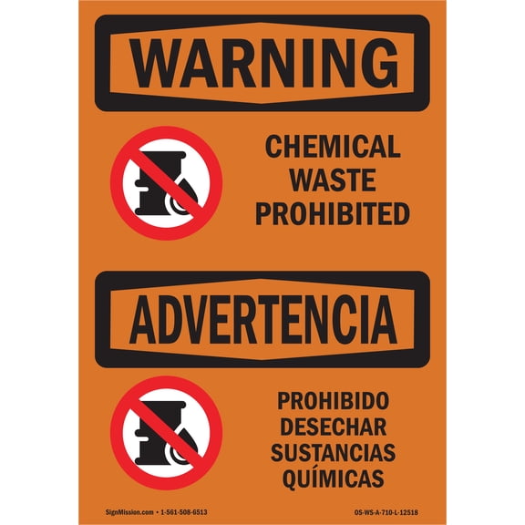 OSHA WARNING Sign - Chemical Waste Prohibited Bilingual | Aluminum Sign | Protect Your Business, Construction Site, Warehouse & Shop Area | Made in the USA