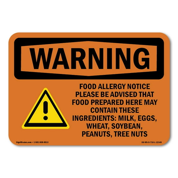 OSHA WARNING Sign - Food Allergy Notice Please Be With Symbol | Plastic Sign | Protect Your Business, Work Site, Warehouse & Shop Area | Made in the USA