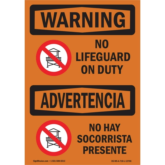 SignMission OS-WS-A-710-L-12706 7 x 10 in. OSHA Warning Sign - No Lifeguard on Duty Bilingual