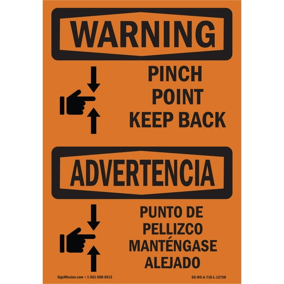 OSHA WARNING Sign - Pinch Point Keep Back Bilingual | Aluminum Sign | Protect Your Business, Construction Site, Warehouse & Shop Area | Made in the USA