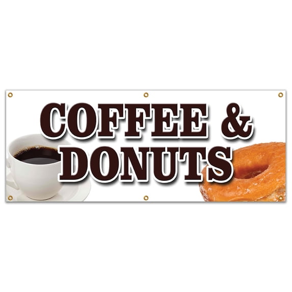 72" COFFEE & DONUTS BANNER SIGN warm fresh doughnuts fresh brewed iced hot
