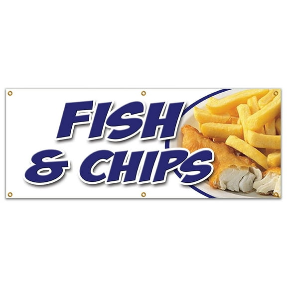 SignMission B-72 Fish & Chips 72 in. Fish & Chips Banner Sign - Cod Haddock White Deep Fried Chips Takeaway