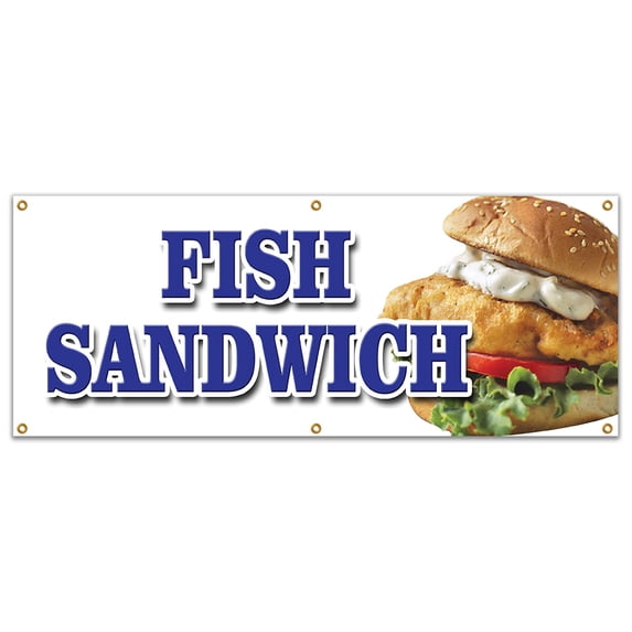 SignMission B-72 Fish Sandwich 72 in. Fish Sandwich Banner Sign - Haddock Cod Fresh Deep Fried Beer Battered