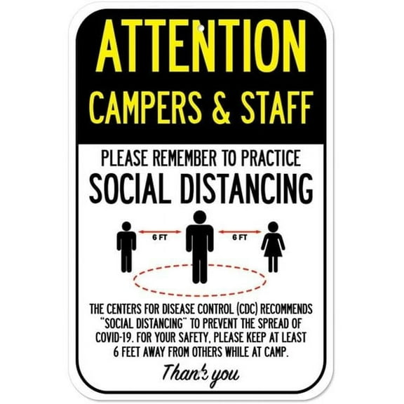 SignMission A-1218-25357 Public Safety Sign - Attention Campers & Staff Practice Social Distancing