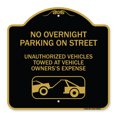 thumbnail image 1 of SignMission Designer Series Sign - No Overnight Parking on Street Unauthorized Vehicles Towed at Vehicle Owner's Expense (With Car Tow Graphic) | Black & Gold 18" X 18" Aluminum, 1 of 4