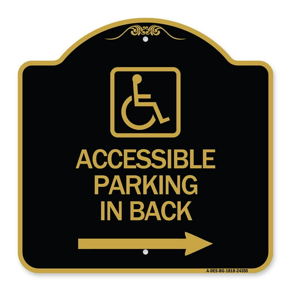 SignMission A-DES-BG-1818-24355 18 x 18 in. Designer Series Sign - Accessible Parking on Right Arrow with Graphic, Black & Gold