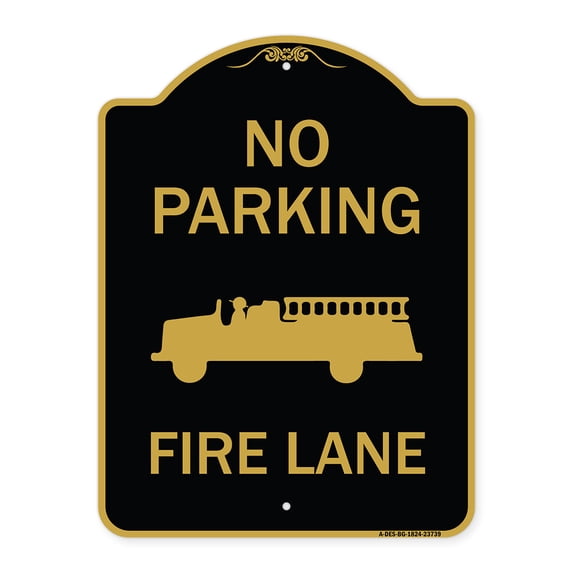 SignMission A-DES-BG-1824-23739 18 x 24 in. Designer Series Sign - No Parking Fire Lane with Fire Truck Symbol, Black & Gold