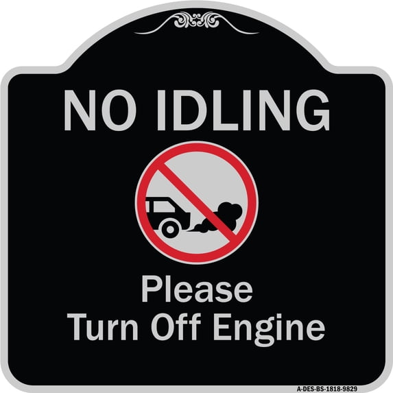 SignMission A-DES-BS-1818-9829 18 x 18 in. Designer Series Sign - No Idling Please Turn Off Engine with Graphic, Black & Silver