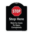 thumbnail image 1 of SignMission A-DES-BW-1824-9883 18 x 24 in. Designer Series Sign - Stop Wait for Gate to Open Completely with Symbol, Black & White, 1 of 4