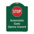 thumbnail image 1 of SignMission A-DES-G-1824-9885 Designer Series Sign - Stop , Automatic Gate , Opens Inward with Symbol, 1 of 4