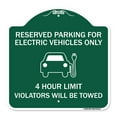 thumbnail image 1 of SignMission A-DES-GW-1818-23112 18 x 18 in. Designer Series Sign - Reserved Parking for Electric Vehicles Only - 4 Hour Limit Violators Will Be Towed, Green & White, 1 of 4