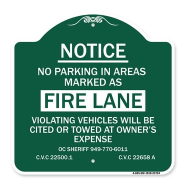 SignMission A-DES-GW-1818-23724 18 x 18 in. Designer Series Sign - No Parking in Areas Marked As Fire Lane CVC Section 22500.1 & 22658 A&#44; Green & White