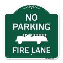 SignMission A-DES-GW-1818-23739 18 x 18 in. Designer Series Sign - No Parking Fire Lane with Fire Truck Symbol, Green & White