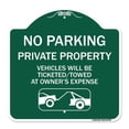 thumbnail image 1 of SignMission Designer Series Sign - No Parking - Private Property Vehicles Will Be Ticketed Towed at Owner's Expense (With Car Tow Graphic) | Green & White 18" X 18" Heavy Aluminum, 1 of 4