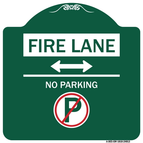 SignMission A-DES-GW-1818-24013 18 x 18 in. Designer Series Sign - Fire Lane No Parking with No Parking Symbol & Bidirectional Arrow, Green & White