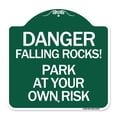 thumbnail image 1 of SignMission A-DES-GW-1818-24197 18 x 18 in. Designer Series Sign - Danger Falling Rocks - Park At Your Own Risk, Green & White, 1 of 4