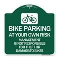 thumbnail image 1 of SignMission A-DES-GW-1818-24308 18 x 18 in. Designer Series Sign - Bike Parking At Your Own Risk Management is Not Responsible for Theft or Damage to Bikes, Green & White, 1 of 4