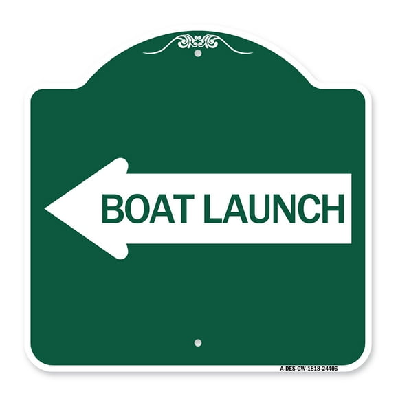 SignMission A-DES-GW-1818-24406 18 x 18 in. Designer Series Sign - Boat Launch with Left Arrow, Green & White