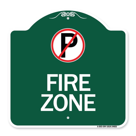SignMission A-DES-GW-1818-24653 18 x 18 in. Designer Series Sign - Fire Zone with No Parking Symbol, Green & White