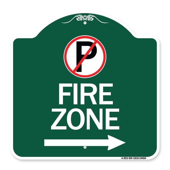 SignMission A-DES-GW-1818-24654 18 x 18 in. Designer Series Sign - Fire Zone with No Parking Symbol & Right Arrow, Green & White