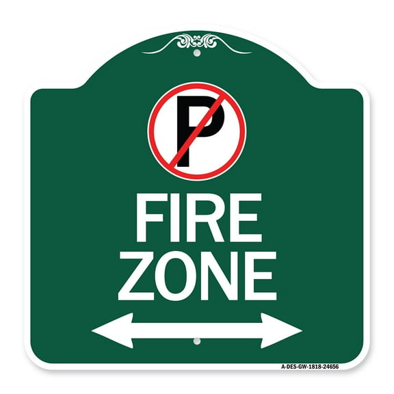 SignMission A-DES-GW-1818-24656 18 x 18 in. Designer Series Sign - Fire Zone with No Parking Symbol & Arrow Pointing Left & Right, Green & White
