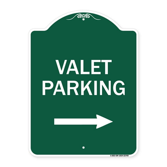 SignMission A-DES-GW-1824-22749 18 x 24 in. Designer Series Sign - Valet Parking with Right Arrow, Green & White