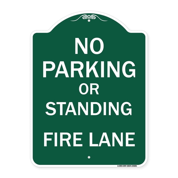 SignMission A-DES-GW-1824-23681 18 x 24 in. Designer Series Sign - No Parking or Standing Fire Lane, Green & White