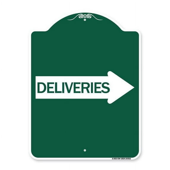 SignMission A-DES-GW-1824-24362 18 x 24 in. Designer Series Sign - Deliveries with Right Arrow, Green & White