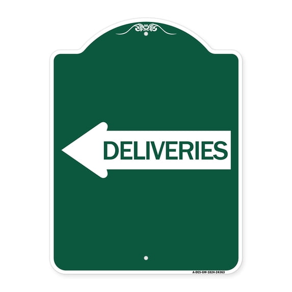 SignMission A-DES-GW-1824-24363 18 x 24 in. Designer Series Sign - Deliveries with Left Arrow, Green & White