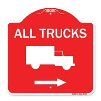 SignMission A-DES-RW-1818-22782 18 x 18 in. Designer Series Sign - Trucks Sign All Trucks with Truck Symbol & Right Arrow, Red & White
