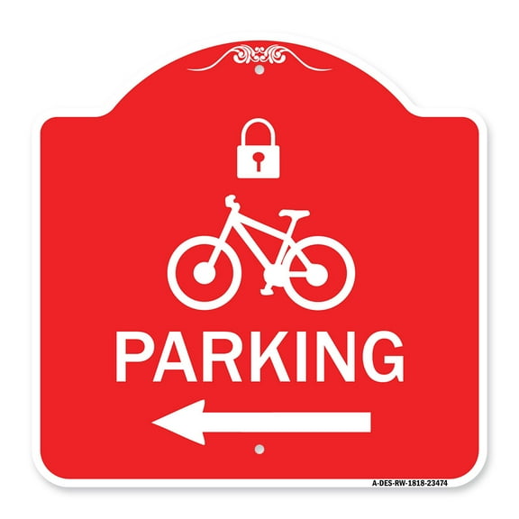 SignMission A-DES-RW-1818-23474 18 x 18 in. Designer Series Sign - Parking with Lock Cycle & Left Arrow Symbol, Red & White
