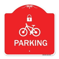 SignMission A-DES-RW-1818-23476 18 x 18 in. Designer Series Sign - Parking with Cycle & Lock Symbol, Red & White