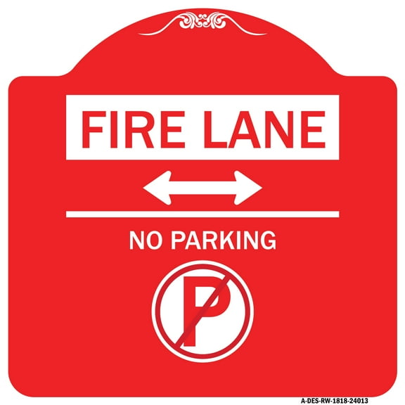 SignMission A-DES-RW-1818-24013 18 x 18 in. Designer Series Sign - Fire Lane No Parking with No Parking Symbol & Bidirectional Arrow, Red & White