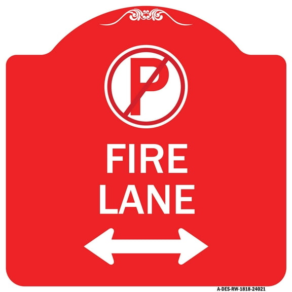 SignMission A-DES-RW-1818-24021 18 x 18 in. Designer Series Sign - Fire Lane with No Parking Symbol & Arrow Pointing Left & Right, Red & White