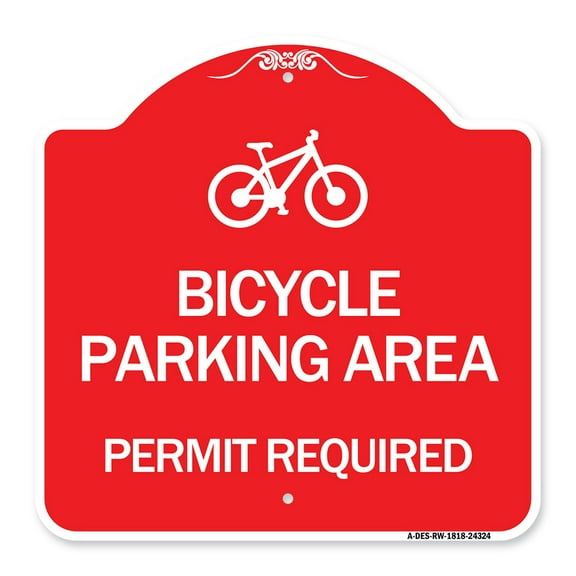 SignMission A-DES-RW-1818-24324 18 x 18 in. Designer Series Sign - Bicycle Parking Area - Permit Required with Graphic, Red & White