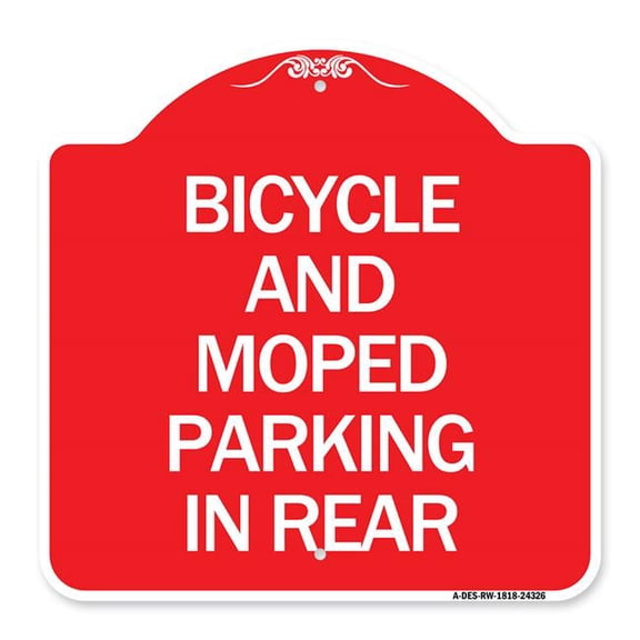 SignMission A-DES-RW-1818-24326 18 x 18 in. Designer Series Sign - Bicycle & Moped Parking in Rear, Red & White