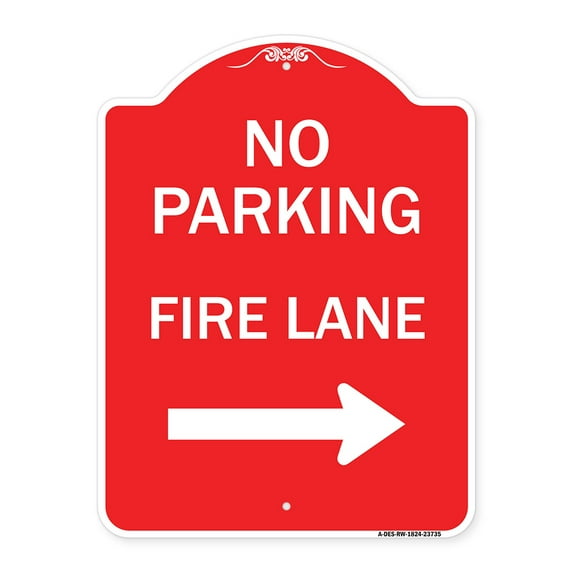 SignMission A-DES-RW-1824-23735 18 x 24 in. Designer Series Sign - No Parking Fire Lane with Right Arrow, Red & White