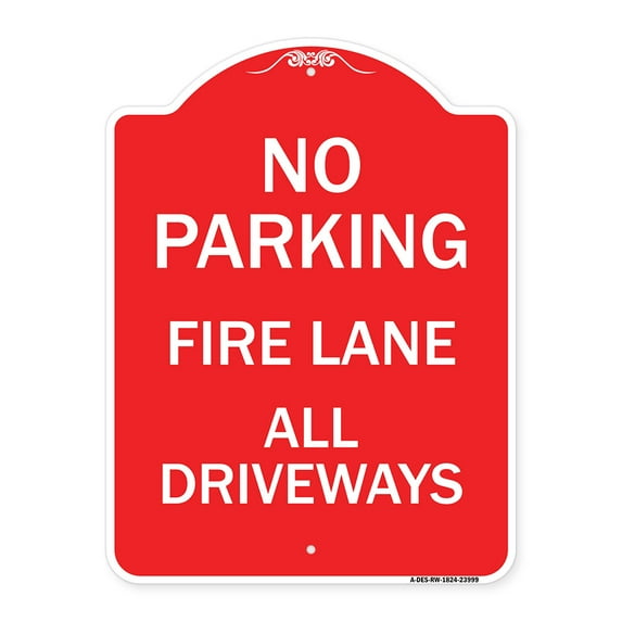 SignMission A-DES-RW-1824-23999 18 x 24 in. Designer Series Sign - Fire Lane All Driveways, Red & White