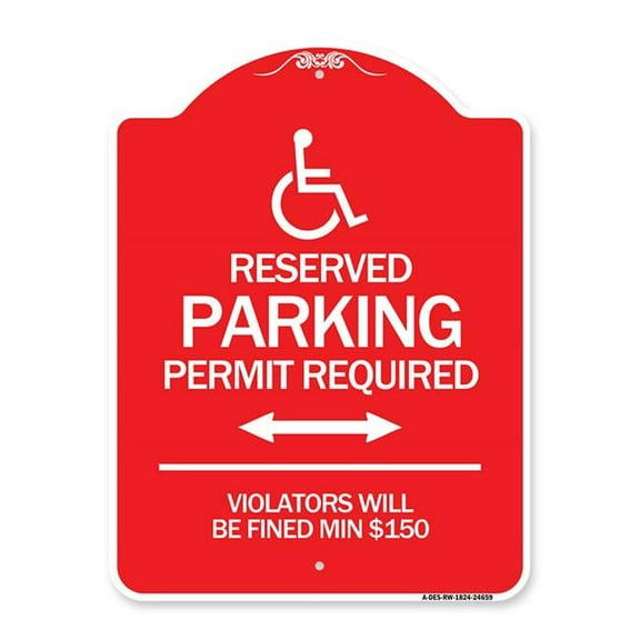 SignMission Designer Sign - (Modern Isa Symbol) Connecticut Reserved Parking Permit Required Violators Will Be Fined Min $150 (With Double Arrow) | Red & White 18" X 24" Aluminum