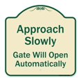 thumbnail image 1 of SignMission A-DES-TG-1818-9864 18 x 18 in. Designer Series Sign - Approach Slowly Gate Will Open Automatically, Tan & Green, 1 of 4