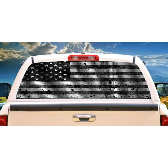 SignMission America Camo Flag In The Wind Rear Window Graphic truck view thru vinyl decal HD Graphics Professional Grade Material Universal Fit for Full Size Trucks Weatherproof Made