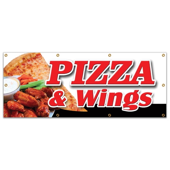 SignMission B-96 Pizza & Wings 36 x 96 in. Pizza & Wings Banner Sign - Brick Oven New York Chicago Italian Spicy