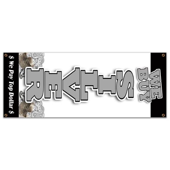 SignMission B-We Buy Silver Vertical We Buy Silver Vertical Banner Sign - Gold Appraisals Watches Precious Stones Rings