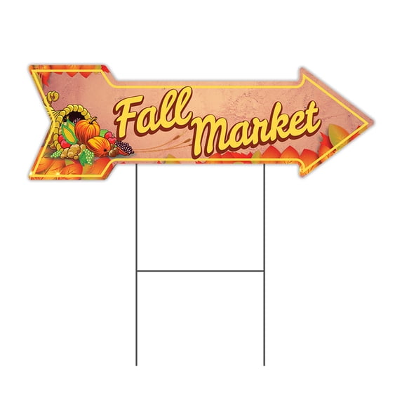 SignMission Corrugated Plastic Arrow Sign With Double Sided Image 10" X 30" - Fall Market Coroplast Yard Sign With Stake Made in the USA