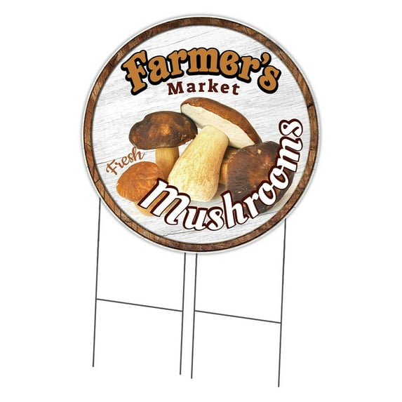 SignMission Corrugated Plastic Sign With Double Sided Image 36" Circular - Farmer's Market Mushrooms | Coroplast Yard Sign With Stake |  Made in the USA