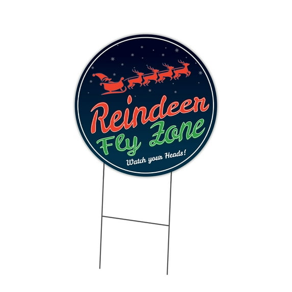 SignMission Corrugated Plastic Sign With Double Sided Image 16" Circular - Reindeer Fly Zone | Coroplast Yard Sign With Stake | Made in the USA